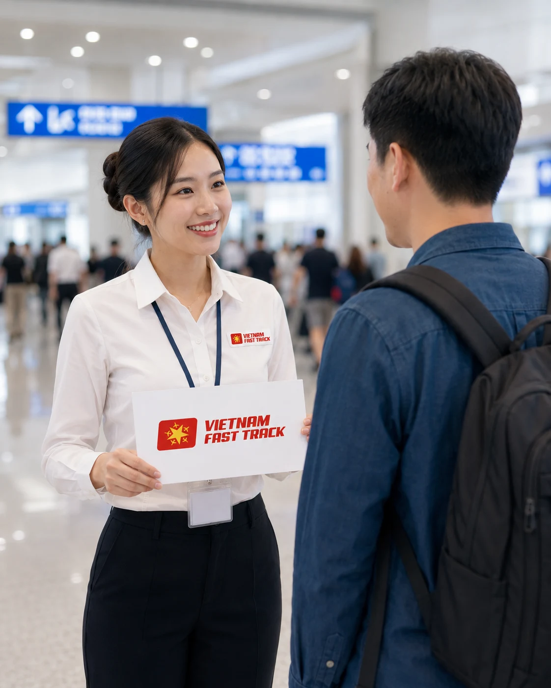 Vietnam Fast Track airport assistant meeting a passenger